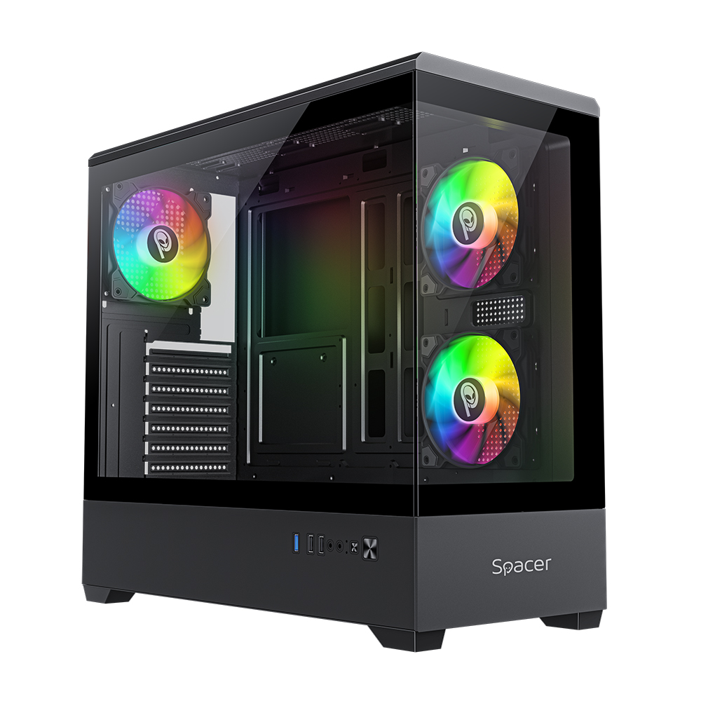 CARCASA SPACER - gaming, Middle Tower, ATX, #NAUTILUS", fara sursa, sticla securizata, 3 x ARGB fan, USB 3.0 x 1, USB 2.0 x 2, HD-Audio, Jack 3.5mm x 1, black #SPCS-GC-NAUTILUS-BK-3F" (timbru verde 0.35 lei)