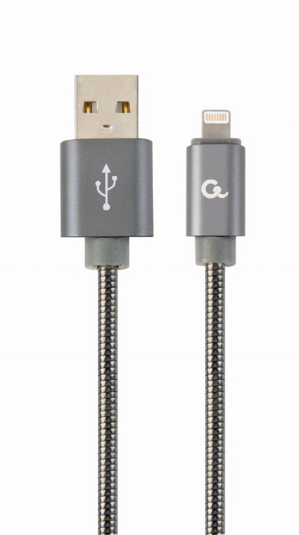 CABLU alimentare si date GEMBIRD, pt. smartphone,USB 2.0 (T) la Lightning (T), 2m, premium,cablu cu impletire din bumbac,gri-metalizat cu insertii albe, "CC-USB2S-AMLM-2M-BG" (timbru verde 0.08 lei)