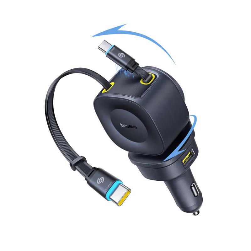 INCARCATOR auto Baseus PrimeTrip VR2 Max, Quick Charge 100W, 1 x USB, 1 x USB Type-C, cablu integrat retractabil 2 x USB Type-C pt. bricheta auto, negru "C0206600" (timbru verde 0.18 lei) - 6932172692230
