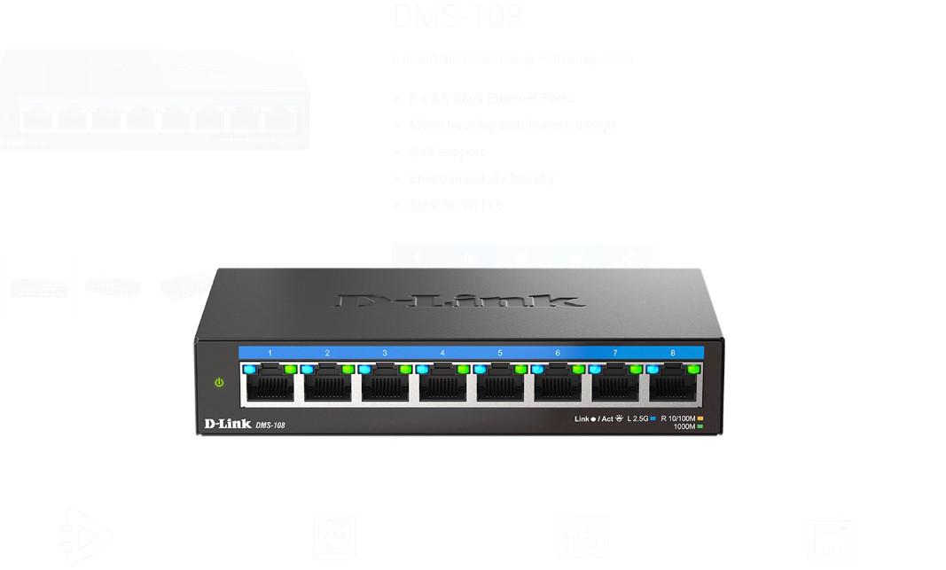 SWITCH D-Link, 8 porturi 2.5Gbps, carcasa metalica, "DMS-108" (timbru verde 0.8 lei)