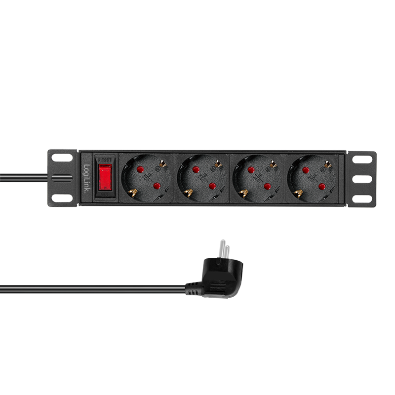 PDU LOGILINK 1U pt. rack 10 inch, 4 prize Schuko, intrare Schuko, max 16 A, ON/OFF, IP20, 2 m, negru, "PDU4B01" (timbru verde 0.8 lei)