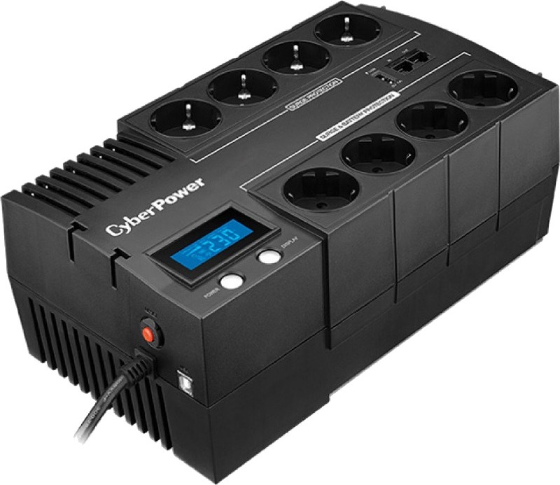 UPS CYBER POWER Line Int. cu sin. simulata, cu management, Brics, LCD, 700VA/420W, AVR, 8x Schuko, baterie 1x 12V/7.2Ah, incarcare pana la 8h, USB, incarcare USB-A/USB-C, 2x RJ45, montare perete, tehn. GreenPower, "BR700ELCD" (timbru verde 4 lei)