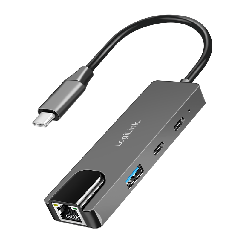 DOCKING Station LOGILINK, porturi USB: USB-A 3.0 x 1 + USB-C 2.0 x 3, RJ45 x 1, conectare prin USB-C, aluminiu, gri, "UA0432" (timbru verde 0.18 lei)