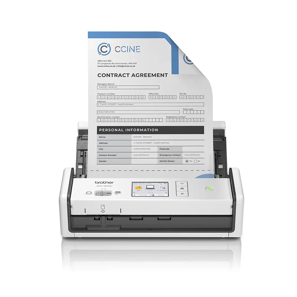 Scanner Portabil Compact BROTHER ADS-1800W, A4, Viteza de scanare duplex: 30ppm/60ipm, Optiuni: , Conectivitate:WiFI, Scanare ambele fete:Da, ADF:60coli(timbru verde 4 lei) "ADS1800WTC1"