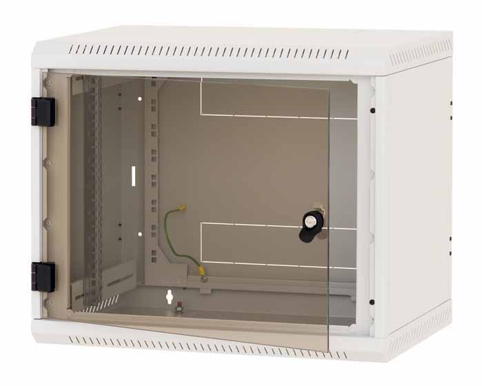 TRITON RACK de PERETE, 9U 400mm adancime usa sticla panouri laterale fixe, sectiuni acces cabluri sus/jos/spate securizare cu cheie, 1 pereche montanti reglabili IP30 gri "RBA-09-AS4-CAX-A1"