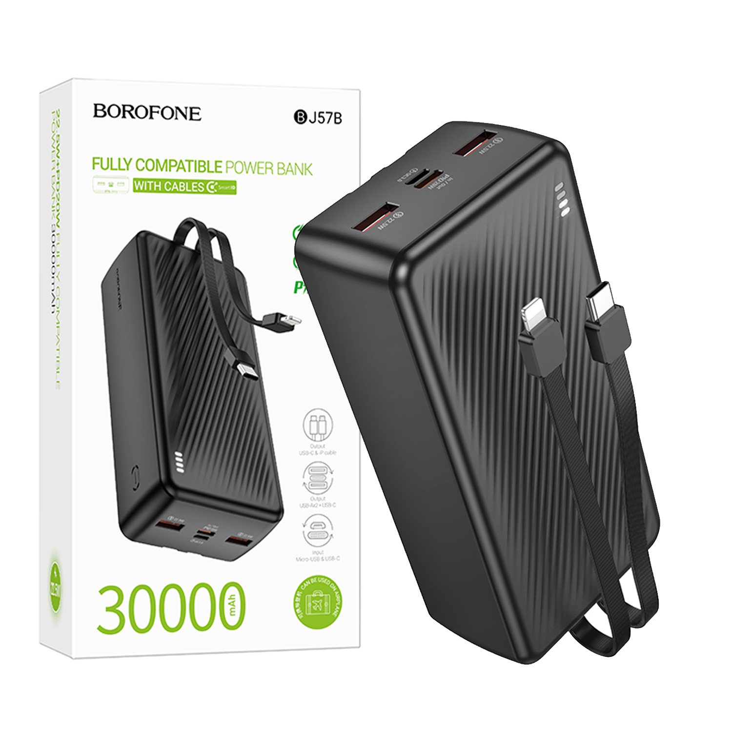 POWER BANK Borofone "BJ57B", 30000mAh, 22.5W, 2 x USB; 1 x cablu USB Type-C, 1 x cablu Iphone Lightning, negru, "6941991116469" (timbru verde 0.98 lei)