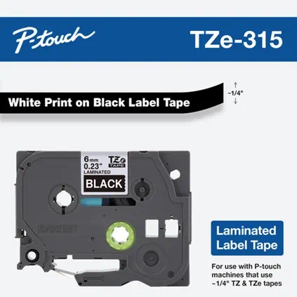 Banda laminata Original Brother White on Black, TZE315, pentru E105|E110|H100|H101|H105|H110|H111|P300|128|200|1000|1010|1090|1100|1120|1130|1160|1170|1180|1190|1200|1230|1280|1290|6100|7100|ST1150, 6mm, incl.TV 0 RON, "TZE315"