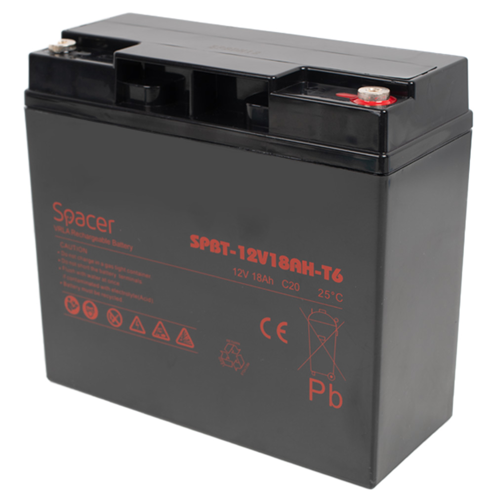 ACUMULATOR UPS SPACER 12V / 18Ah, dimensiuni: 181x77x167mm, inaltime+terminal: 167mm, terminal F6(T6), "SPBT-12V18AH-T6" (timbru verde 0.5 lei)