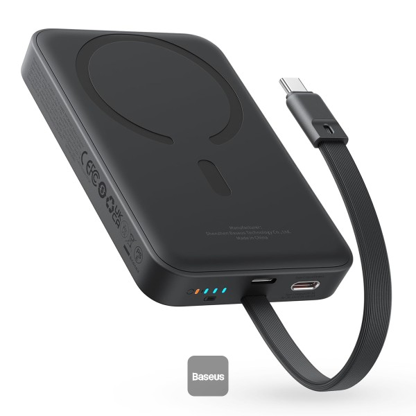 POWER BANK Baseus Magnetic Mini Wireless, 10000mAh, 30W, 2 x USB Type-C output/input, 15W wireless charging, cablu integrat USB Type-C, negru, "P1002210B113-00" (timbru verde 0.98 lei) - 6932172642785