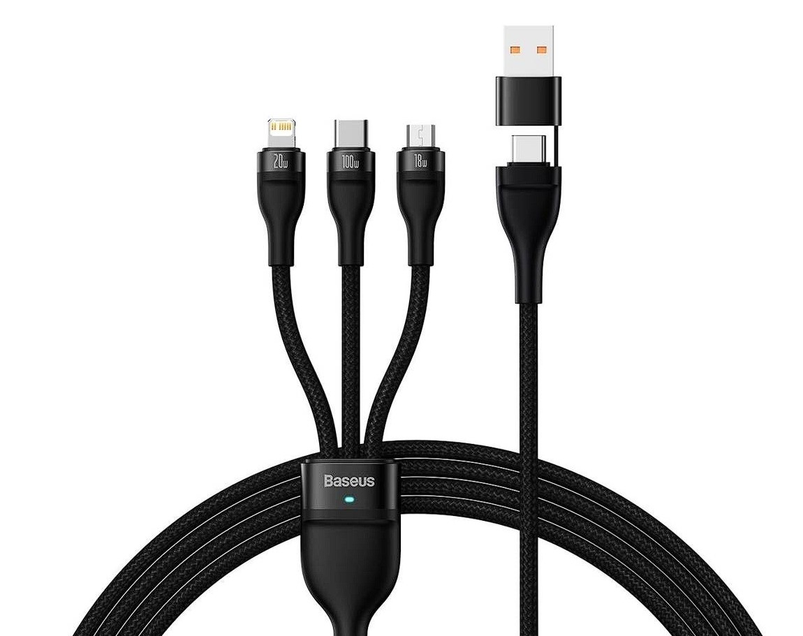 CABLU alimentare si date Baseus Flash Series 2 One-for-three Retractable,pt smartph,USB+USB Type-C la Micro-USB+Lightning+USB Type-C 100W,1.2m,negru "CASS030101" (timbru verde 0.18 lei)-6932172608743