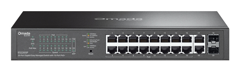 SWITCH TP-LINK Omada 20-Port Gigabit Easy Managed Switch with 16-Port PoE+, 150W buget POE, carcasa metalica "ES220GP" (timbru verde 2 lei)