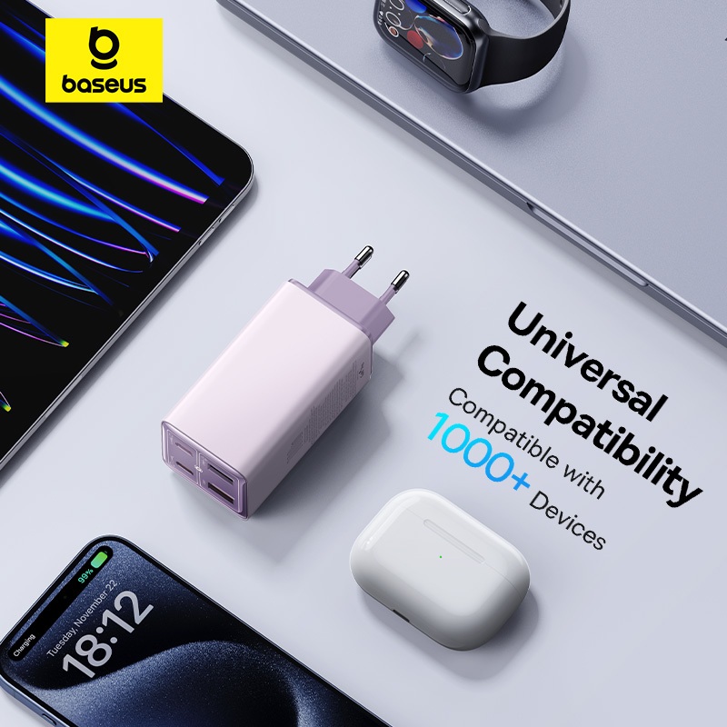INCARCATOR RETEA Baseus GaN6 Pro, Quick Charge 100W, 2 x USB Type-C Output 5V/3A, 2xUSB (include cablu USB Type-C la USB Type-C de 100W), mov "P10162705532-00" (timbru verde 0.18 lei)-6932172644475