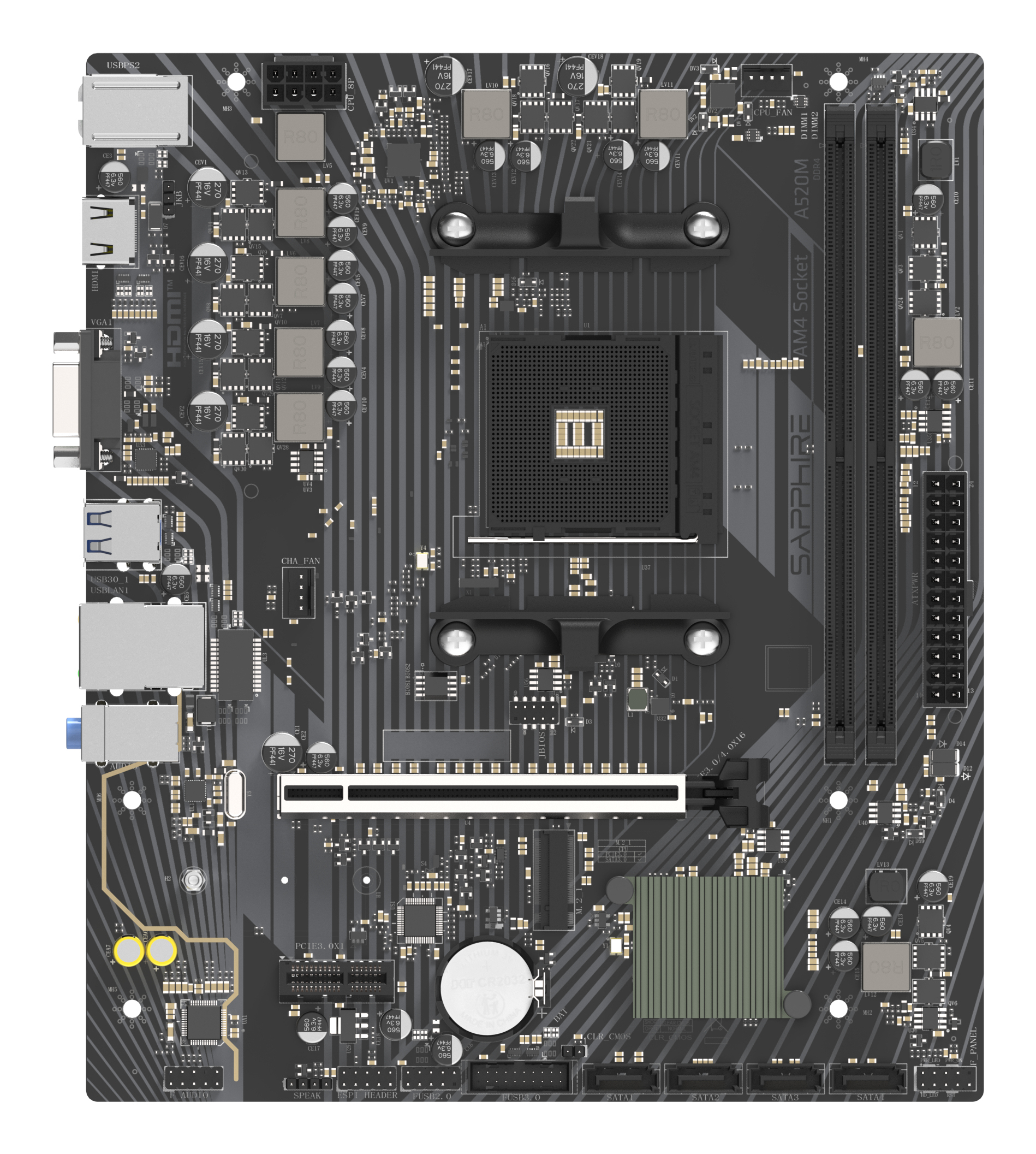 Placa de baza Sapphire "A520M-E", skt. AM4, chipset AMD A520, mATX, 2 x DDR4 max. 64 GB, USB 3.2 gen 1 -A x 2, USB 2.0 x 1, 4 x SATA, 1 x M.2, PCIe 3.0, HDMI, VGA, "52119-04-40G"