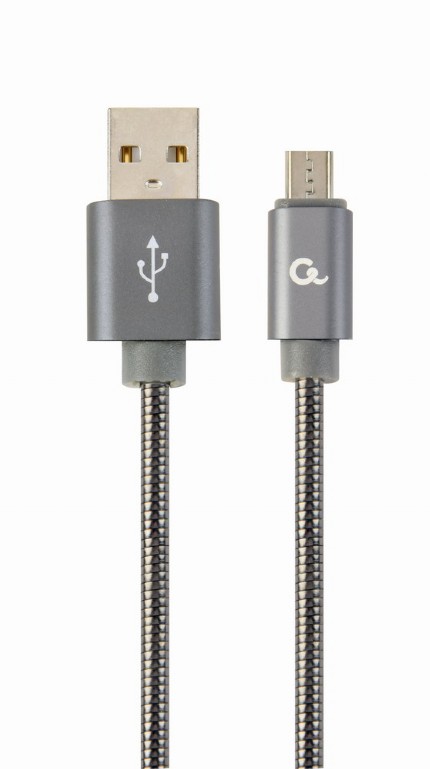 CABLU alimentare si date GEMBIRD, pt. smartphone, USB 2.0 (T) la Micro-USB 2.0 (T), 1m, premium, cablu metalic, gri-metalic, cu insertii albe, "CC-USB2S-AMmBM-1M-BG" (timbru verde 0.08 lei)