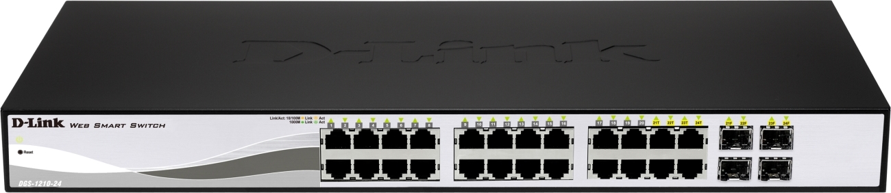SWITCH PoE D-LINK Smart 24 porturi Gigabit (24 PoE) + 4 porturi combo SFP, IEEE 802.3af/at, carcasa metalica, rackabil, "DGS-1210-24P"(timbru verde 2 lei)