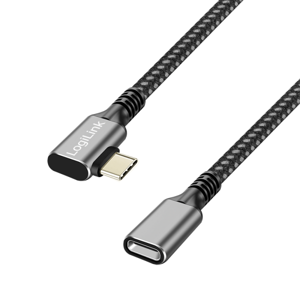 CABLU alimentare si date LOGILINK, pt. smartphone, USB 3.2, USB Gen Type-C (T) la USB Type-C (M) la 90 grade, 0.5m, PD 100W, 2 x ecranat, aluminiu, braiding, negru&gri, "CUA0110" (timbru verde 0.08 lei)