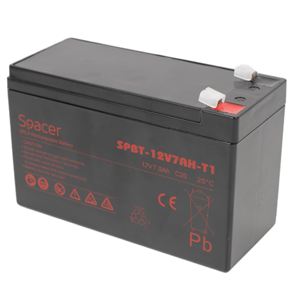ACUMULATOR UPS SPACER 12V / 7Ah, dimensiuni: 151x66x96mm, inaltime+terminal: 102mm, terminal F1(T1), pt. sisteme de securitate, "SPBT-12V7AH-T1" (timbru verde 0.5 lei)