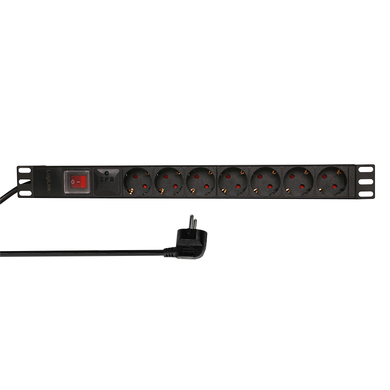 PDU LOGILINK 1U pt. rack 19 inch, 7 prize Schuko, intrare Schuko, max 16 A, protectie supratensiune, on/off, 2 m, "PDU7C01" (timbru verde 0.8 lei)