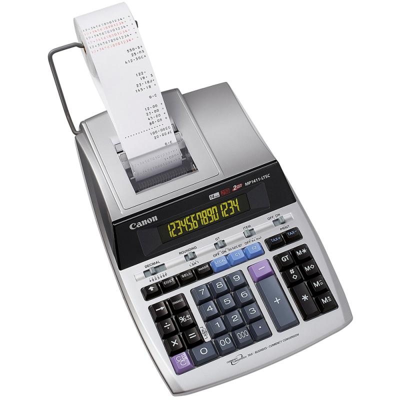 Calculator de birou CANON, MP-1411LTSC, ecran 14 digiti, Ribon, functie business, tax si conversie moneda, gri, "BE2497B001AA" (timbru verde 0.18 lei)