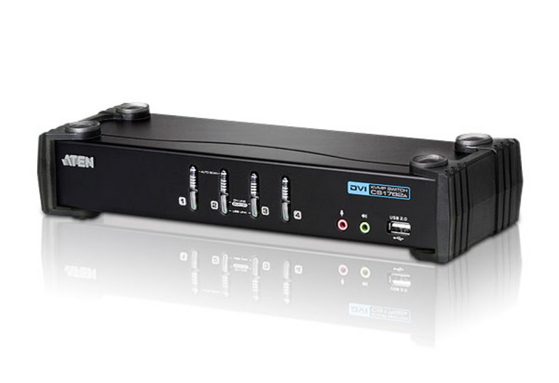 Switch KVM ATEN CS1764A 4-Port DVI USB 2.0 KVMP Switch, 4x DVI-D Cables, 2-port Hub, Audio "CS1764A-AT-G" (timbru verde 2.00 lei)