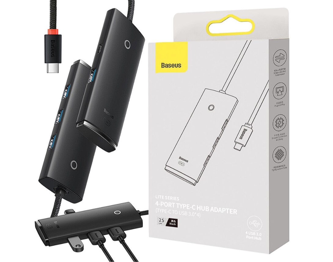 HUB extern Baseus Lite, porturi USB: USB 3.0 x 4, conectare prin USB Type-C, lungime 0.25m, negru, "WKQX030301" (timbru verde 0.8 lei) - 6932172606244