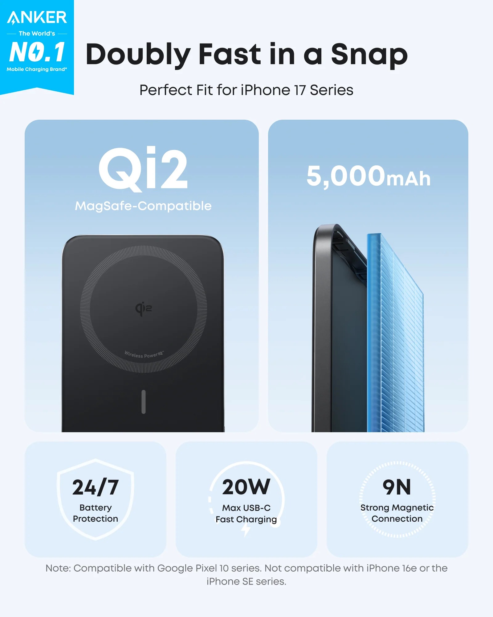 POWER BANK Anker "Nano" 5.000 mAh, 15W MagGo, slim, magnetic, wireless, 1 x USB-C incarcare, 122g, negru, "A1665HO1" - 0194644321808 - imagine 2