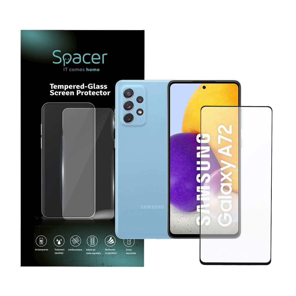 FOLIE STICLA Spacer pentru Samsung Galaxy A72, grosime 0.3mm, acoperire totala ecran, strat special anti-ulei si anti-amprenta, Tempered Glass, sticla 9D, duritate 9H "SPPG-SM-GX-A72-TG"
