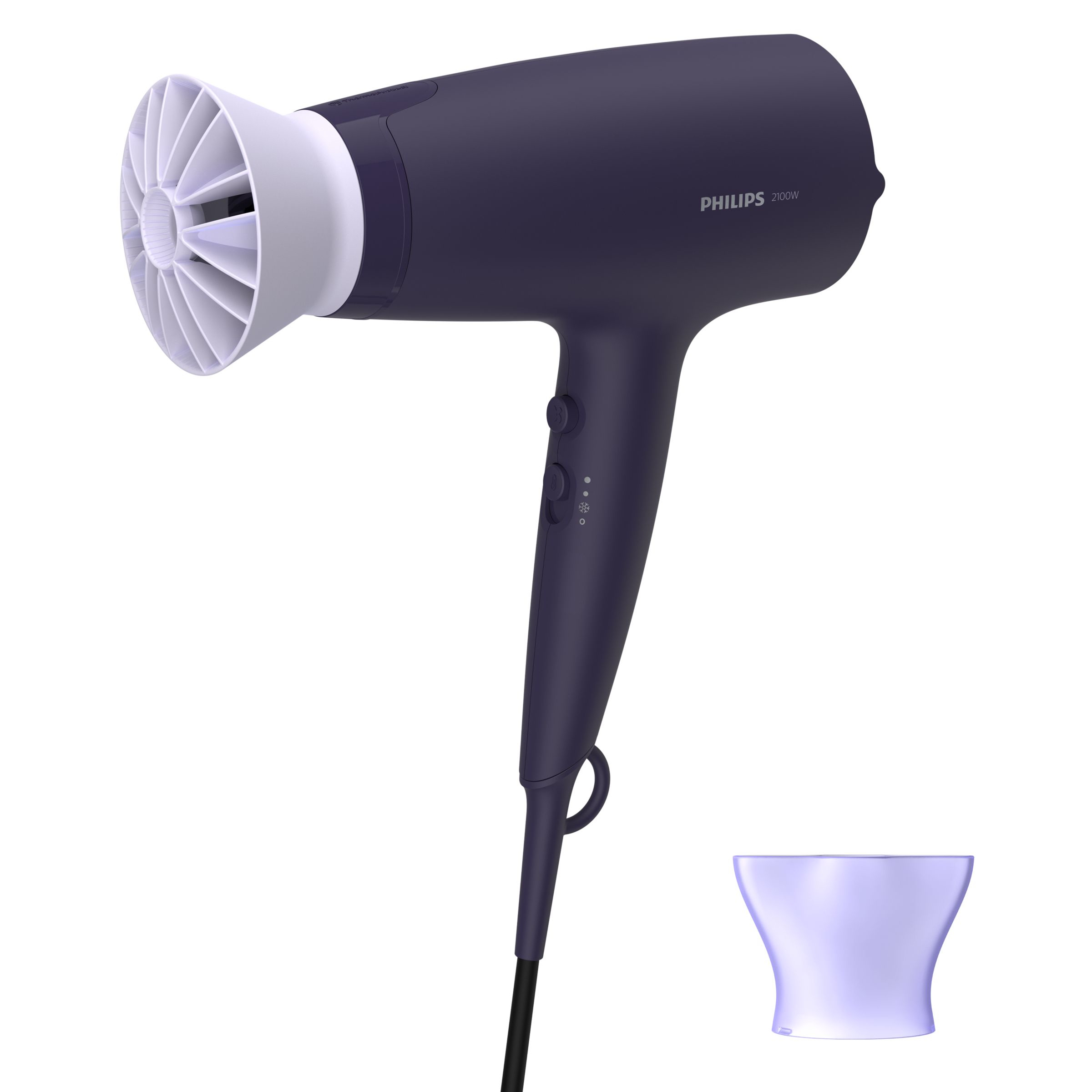Uscator de par BHD340/10, 2100W, accesoriu Thermo Protect, ionizare, 3 setari de viteza/temperatura, cap de coafare 14 mm, difuzor, Negru/Lila "BHD340/10" (timbru verde 2 lei)