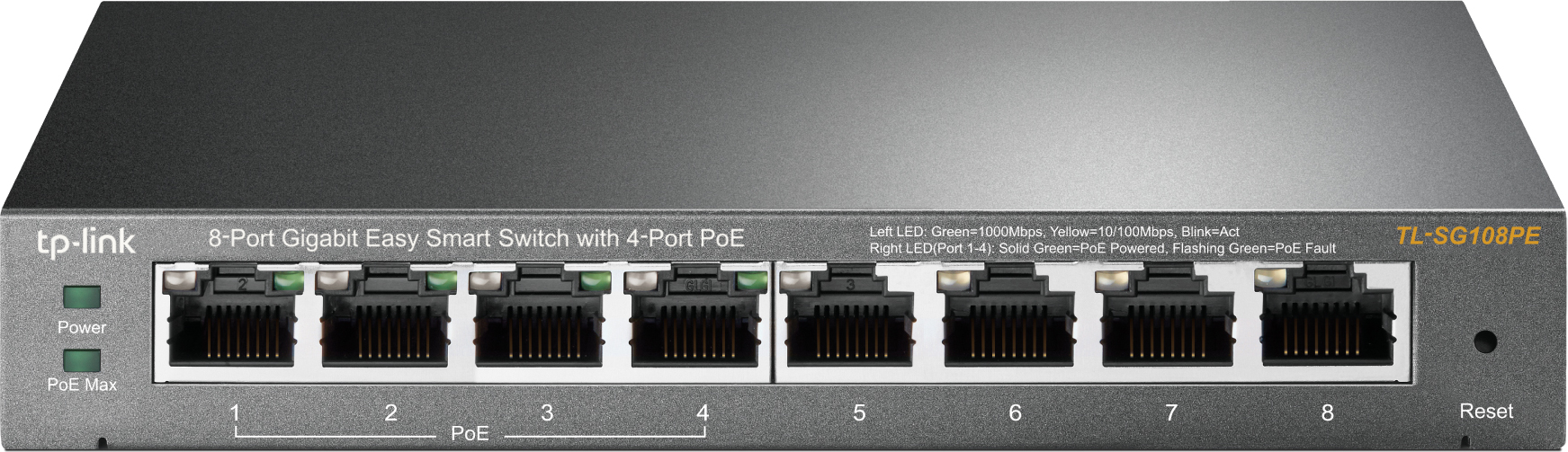 SWITCH PoE TP-LINK 8 porturi Gigabit (4 PoE), IEEE 802.3af, carcasa metalica "TL-SG108PE" (timbru verde 2 lei)