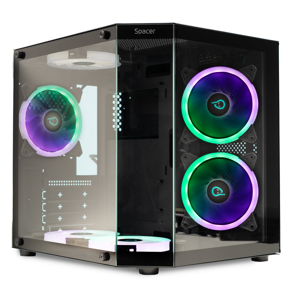 CARCASA SPACER - gaming, Mini Tower, mATX "Compact" (max 244x200 mm) ,"AQUARIUM", fara sursa, sticla securizata, 3xARGB fan,HUB,telecomanda, USB 3.0x1, USB Type-Cx1, HD-Audio, Jack 3.5mmx1, black "SPCS-GC-AQUARIUM-BK-3F" (timbru verde 0.24 lei)