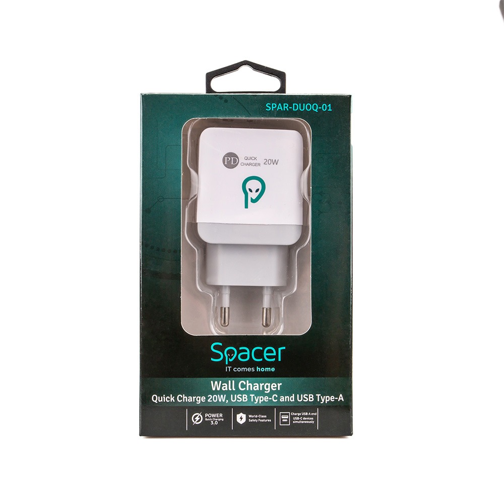 ALIMENTATOR retea SPACER Quick Charge 20W, USB Type-C PD+ USB Quick Charge, "SPAR-DUOQ-01" - imagine 2
