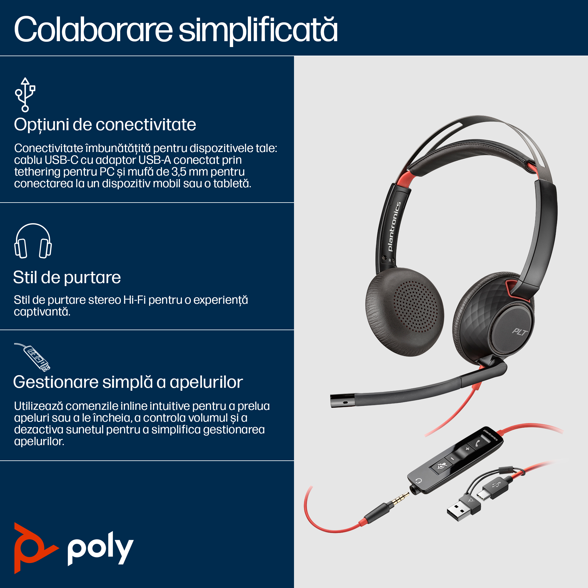 Poly BW 5220 USB-C HS +3.5mmP +USB-C/A"8X231AA" - imagine 3