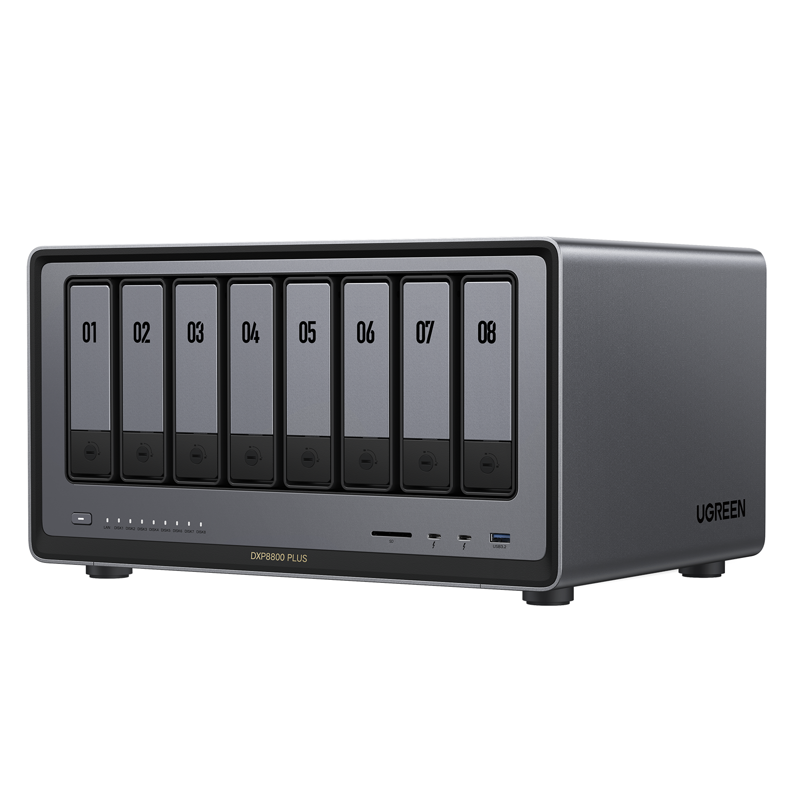 NAS Ugreen "DXP8800Plus", CPU i5 4.40 GHz, RAM DDR5 8Gb max 64Gb, SATA 32Tx8 si M.2 8Tx2, LAN 10Gbx2, 2xThunderbolt4, 2xUSB3, HDMI 2.1 8K, card reader, "35127B" (timbru verde 7 lei) - 6941876267545