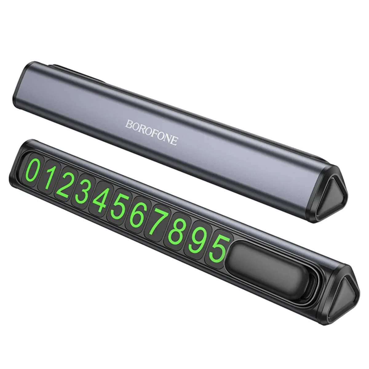 SUPORT numar de telefon parbriz Borofone "FC3", functie de inchidere si deschidere prin apasare, doua seturi de numere incluse, argintiu "6941991118760"