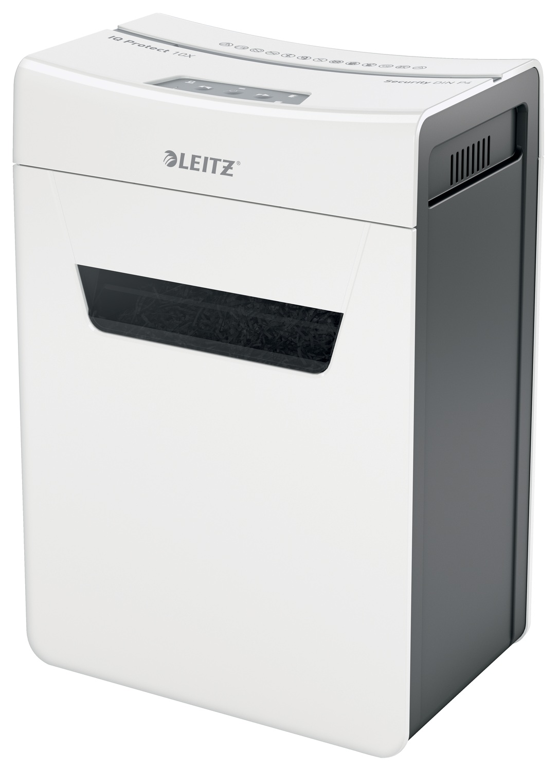 Distrugator manual documente Leitz IQ Protect 10X , 10 coli, P4, cross-cut (tip confeti), cos 18 litri, alb, Leitz "80920000" (timbru verde 11 lei)