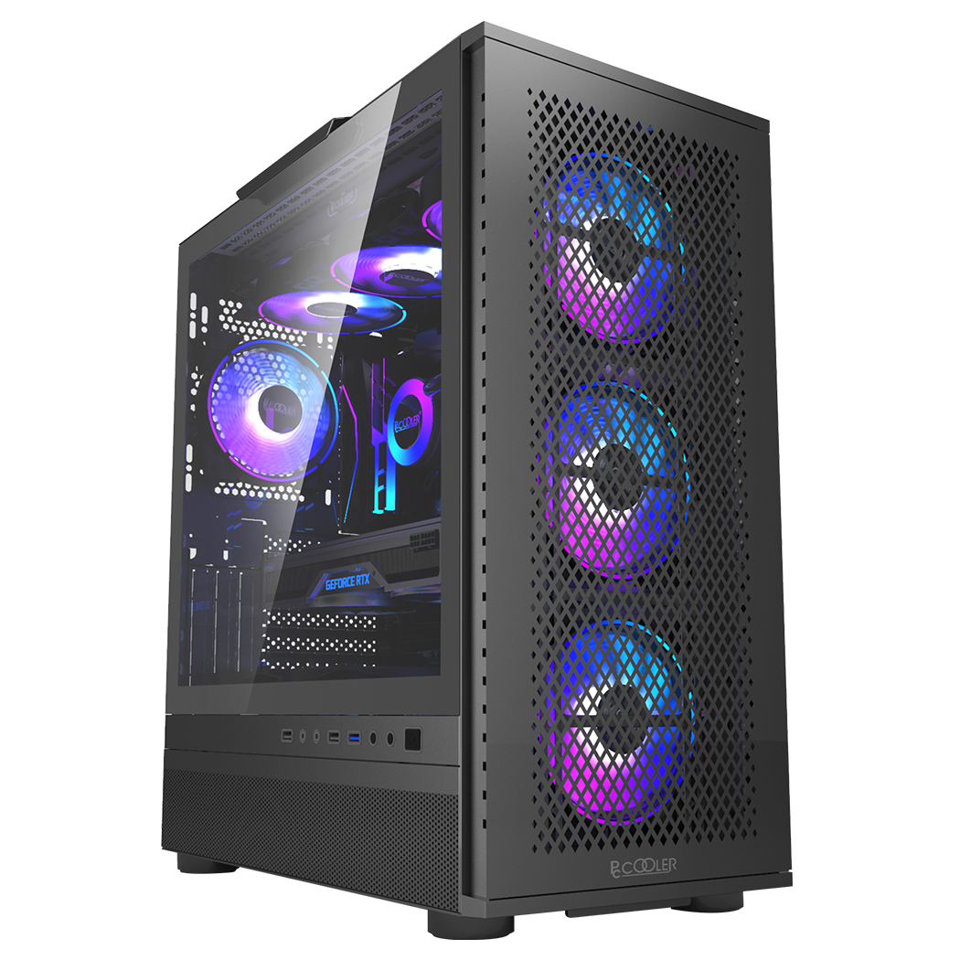 CARCASA PCCOOLER, Tower, ATX, fara sursa, sticla securizata, 3 ventilatoare incluse, iluminare ARGB, negru, USB 3.2 gen 1 x 1, USB 2.0 x 2, mic, audio, "ME200 MESH BK"