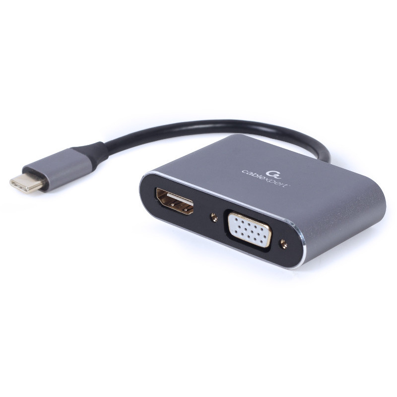 ADAPTOR video GEMBIRD, adaptor USB 3.0 Type-C (T) la HDMI (M) + VGA (M), 15cm, rezolutie maxima 4K UHD (3840 x 2160) la 30Hz, gri, "A-USB3C-HDMIVGA-01" (timbru verde 0.08 lei)