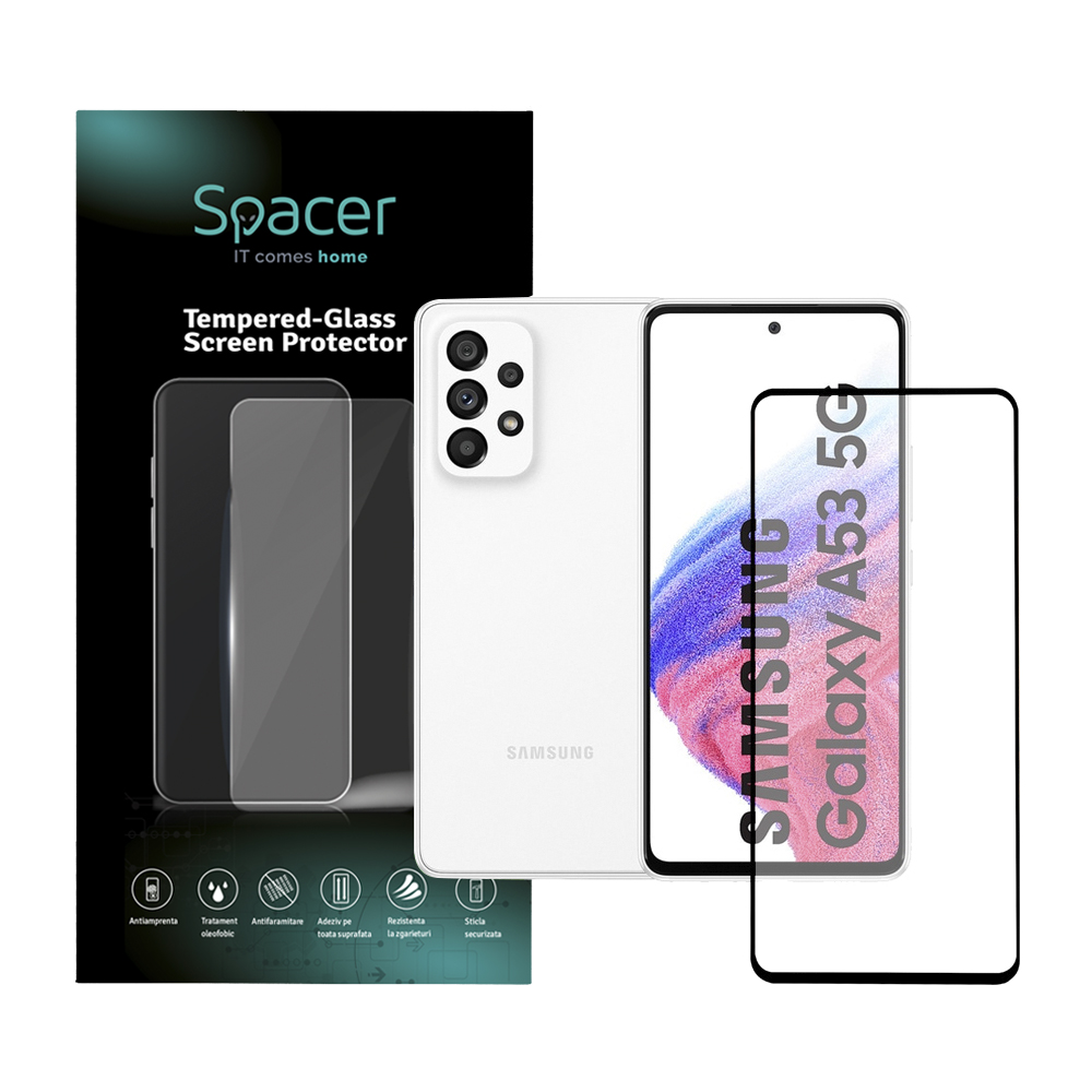FOLIE STICLA Spacer pentru Samsung Galaxy A53, grosime 0.3mm, acoperire totala ecran, strat special anti-ulei si anti-amprenta, Tempered Glass, sticla 9D, duritate 9H "SPPG-SM-GX-A53-TG"
