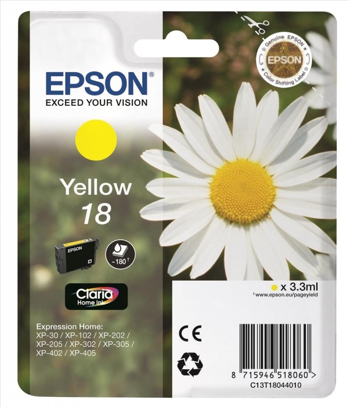 Cartus Cerneala Original Epson Yellow, T1804, pentru XP102|202|205|302|305|402|405, , (timbru verde 0.15 lei), "C13T18044010"
