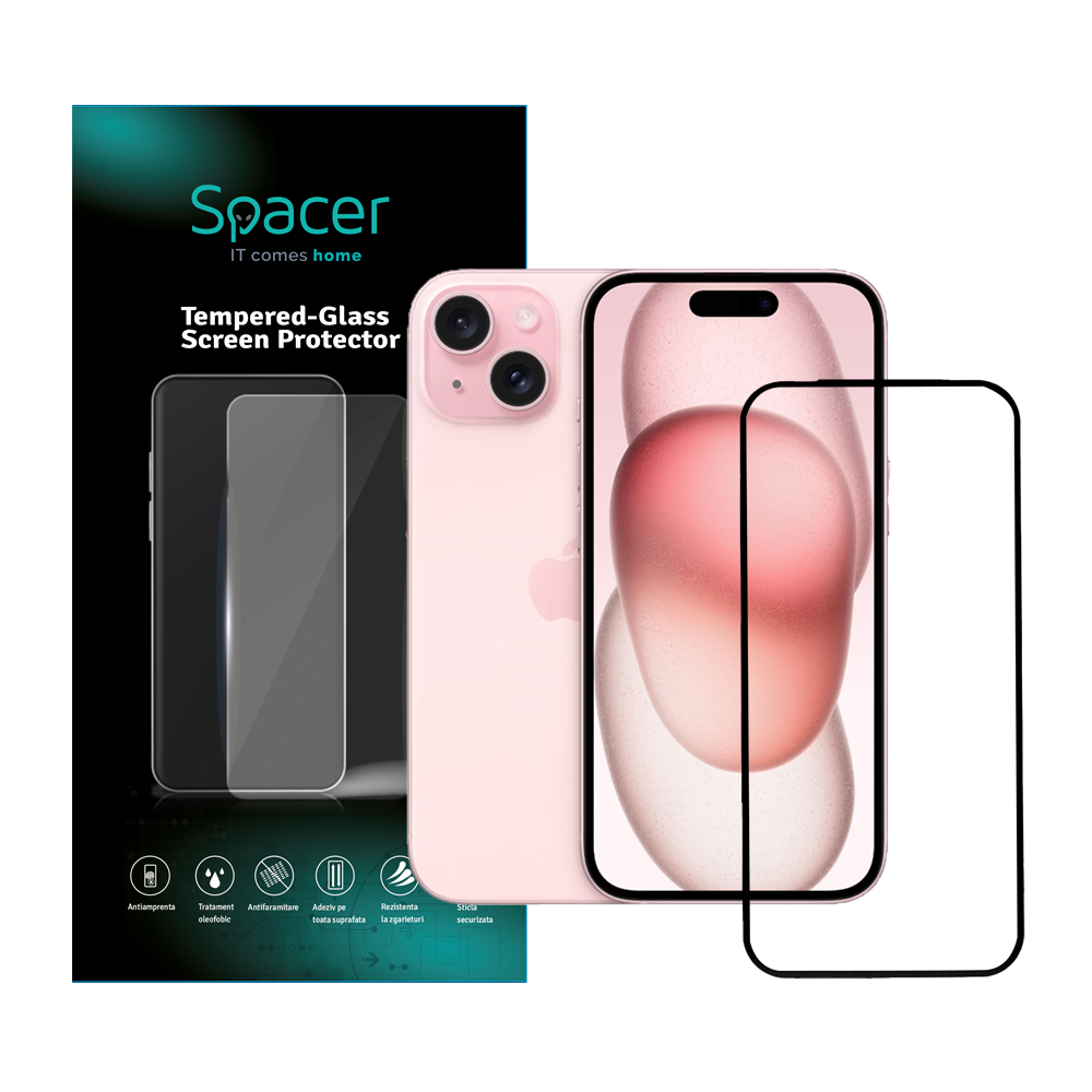 FOLIE STICLA Spacer pentru Iphone 15, grosime 0.3mm, acoperire totala ecran, strat special anti-ulei si anti-amprenta, Tempered Glass, sticla 9D, duritate 9H "SPPG-AP-IP15-TG"