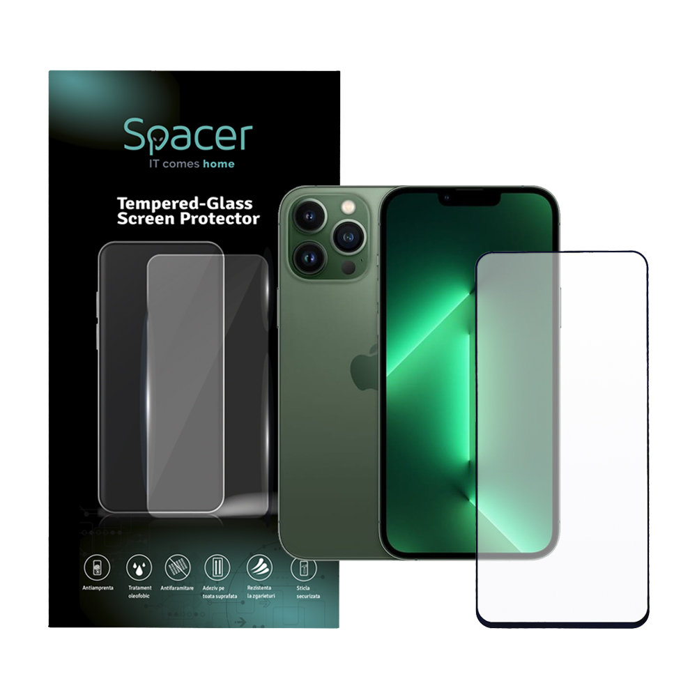 FOLIE STICLA Spacer pentru Iphone 13 Pro Max, grosime 0.3mm, acoperire totala ecran, strat special anti-ulei si anti-amprenta, Tempered Glass, sticla 9D, duritate 9H "SPPG-AP-IP13PM-TG"
