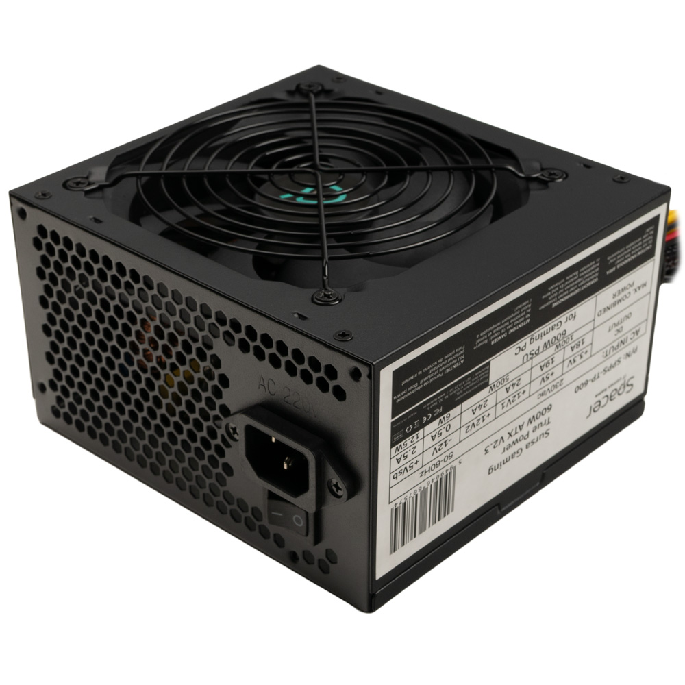 SURSA SPACER True Power TP600 (600W for 600W GAMING PC), PFC activ, fan 120mm, MB (20+4) x1, CPU (4+4) x1, PCI-E (6+2) x2, SATA x5, Molex x1, *retail* "SPPS-TP-600", (timbru verde 2 lei)