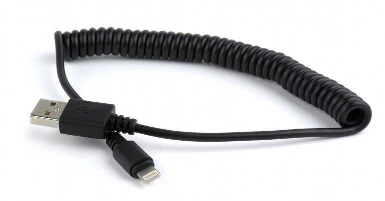 CABLU alimentare si date GEMBIRD, pt. smartphone, USB 2.0 (T) la Lightning (T), 1.5m, spiralat, negru, "CC-LMAM-1.5M" (timbru verde 0.08 lei)