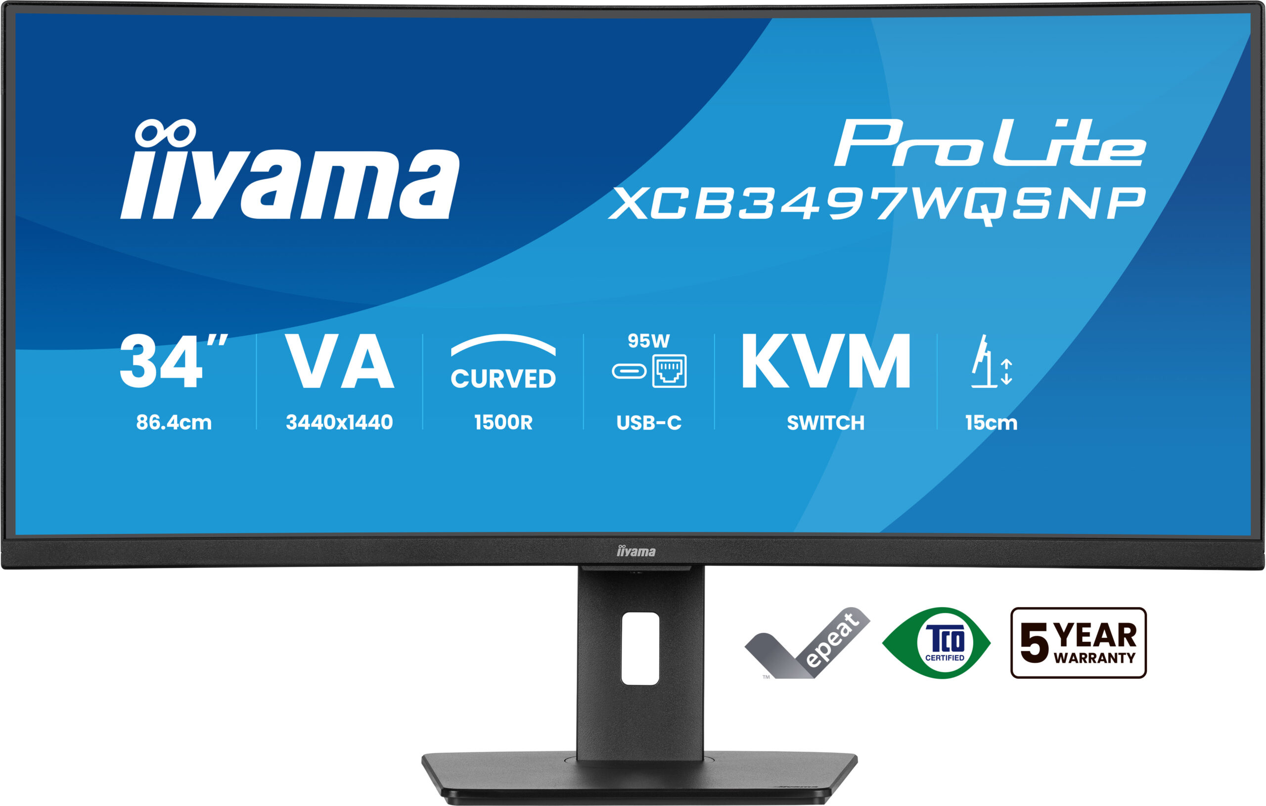 Monitor VA LED Iiyama 34" XCB3497WQSNP-B1, WQHD (3440 x 1440), HDMI, DisplayPort, Boxe, Ecran curbat (Negru) "XCB3497WQSNP-B1" - imagine 2