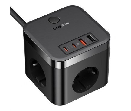 INCARCATOR RETEA Baseus GaN Powerstrip, Quick Charge 30W, 3 x AC, 2 x USB Type-C Output 5V/3A, 2 x USB, lungime cablu 1.5m, negru "E00066400117-00" (timbru verde 0.18 lei) - 6932172651121
