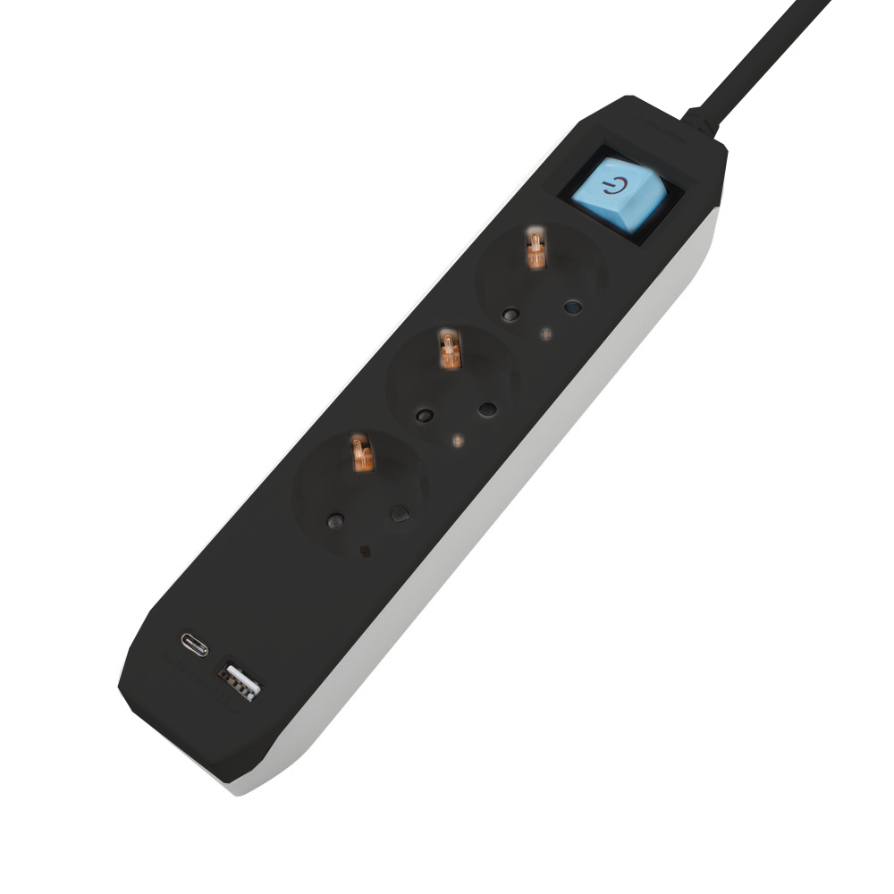 PRELUNGITOR SPACER, Schuko x 3, conectare prin Schuko (T),Type-C x1, USB x 1, 3.1A, cablu 1.8m, 16 A, max. 3500W, protectie copii, Intrerupator, Negru, "PP-3-18B-TC-USB" (timbru verde 0.18 lei)