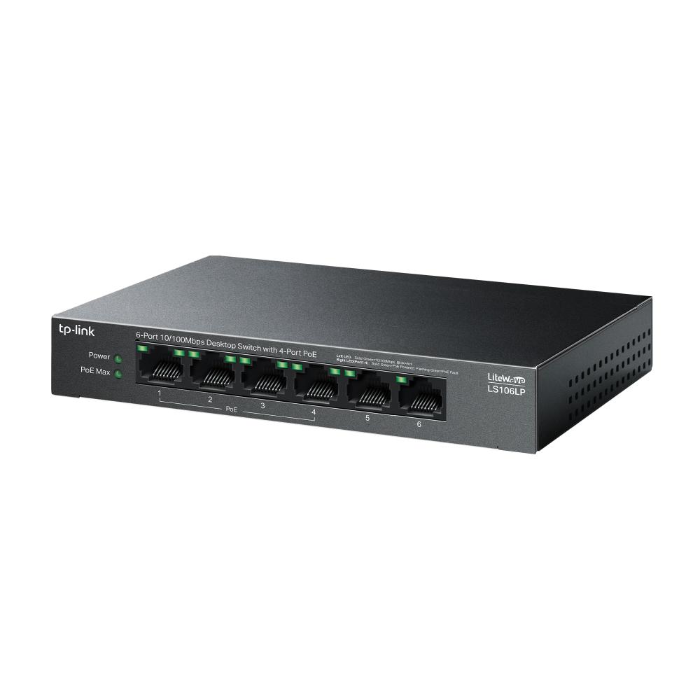 SWITCH TP-LINK 6 porturi 10/100 Mbps, 4-Port PoE carcasa metalica "LS106LP" (timbru verde 2 lei)