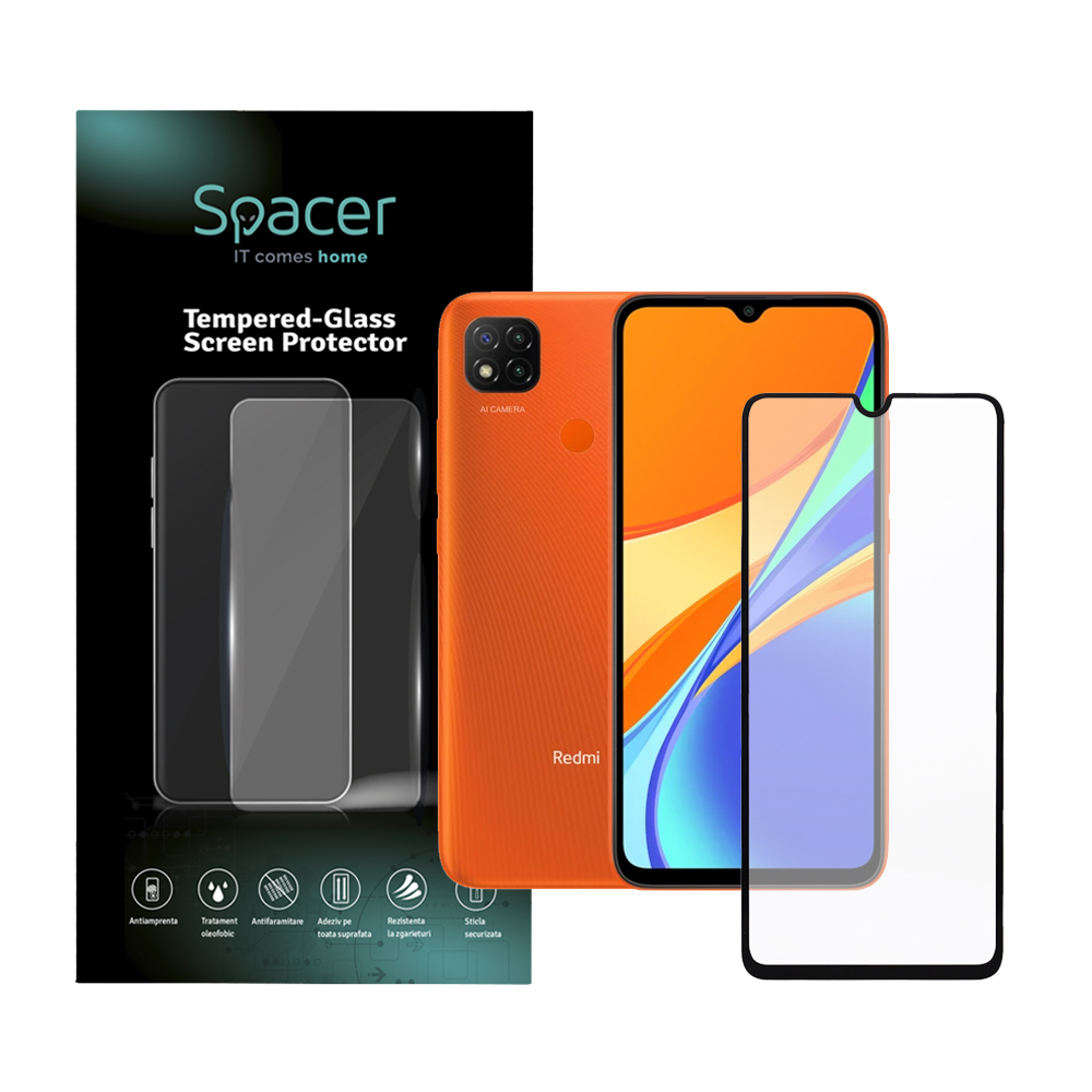 FOLIE STICLA Spacer pentru Xiaomi Redmi 9C, grosime 0.3mm, acoperire totala ecran, strat special anti-ulei si anti-amprenta, Tempered Glass, sticla 9D, duritate 9H "SPPG-XI-RM-9C-TG"
