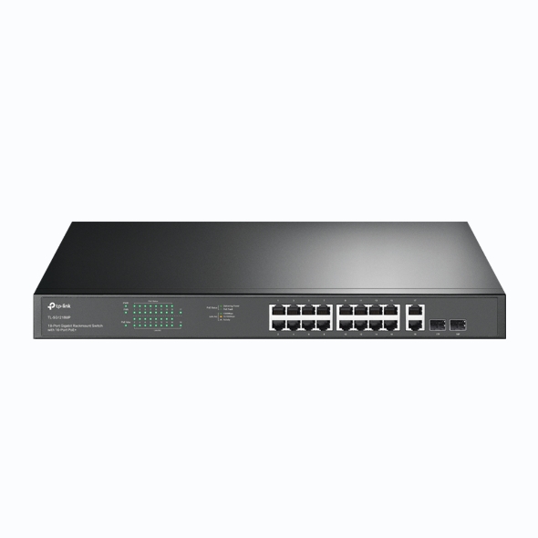 SWITCH TP-LINK 16 porturi Gigabit POE+ 250W total power, 2× combo gigabit SFP, 2× gigabit non-PoE RJ45, carcasa metal "TL-SG1218MP" (timbru verde 2 lei)