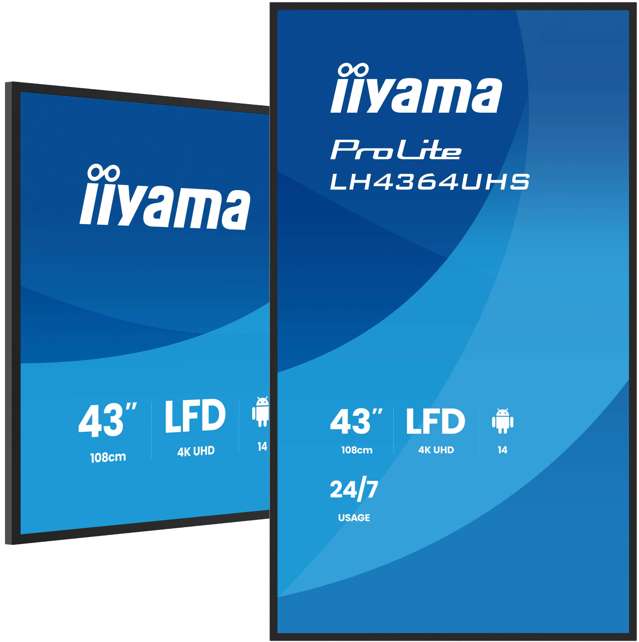 IIYAMA LFD LH4364UHS-B1AG 43 UHD VA 3840 x 2160 60Hz 500 cd 4000:1 6.5ms Android 14OS iiSignage2 (CMS/DMS), iiShare, iiControl, Landscape and Portrait, Speakers 2x 10W, 2x HDMI, 1x USB-C, 15W PD, USB 2.0 x2, WiFi, LAN "LH4364UHS-B1AG" (timbru verde 7